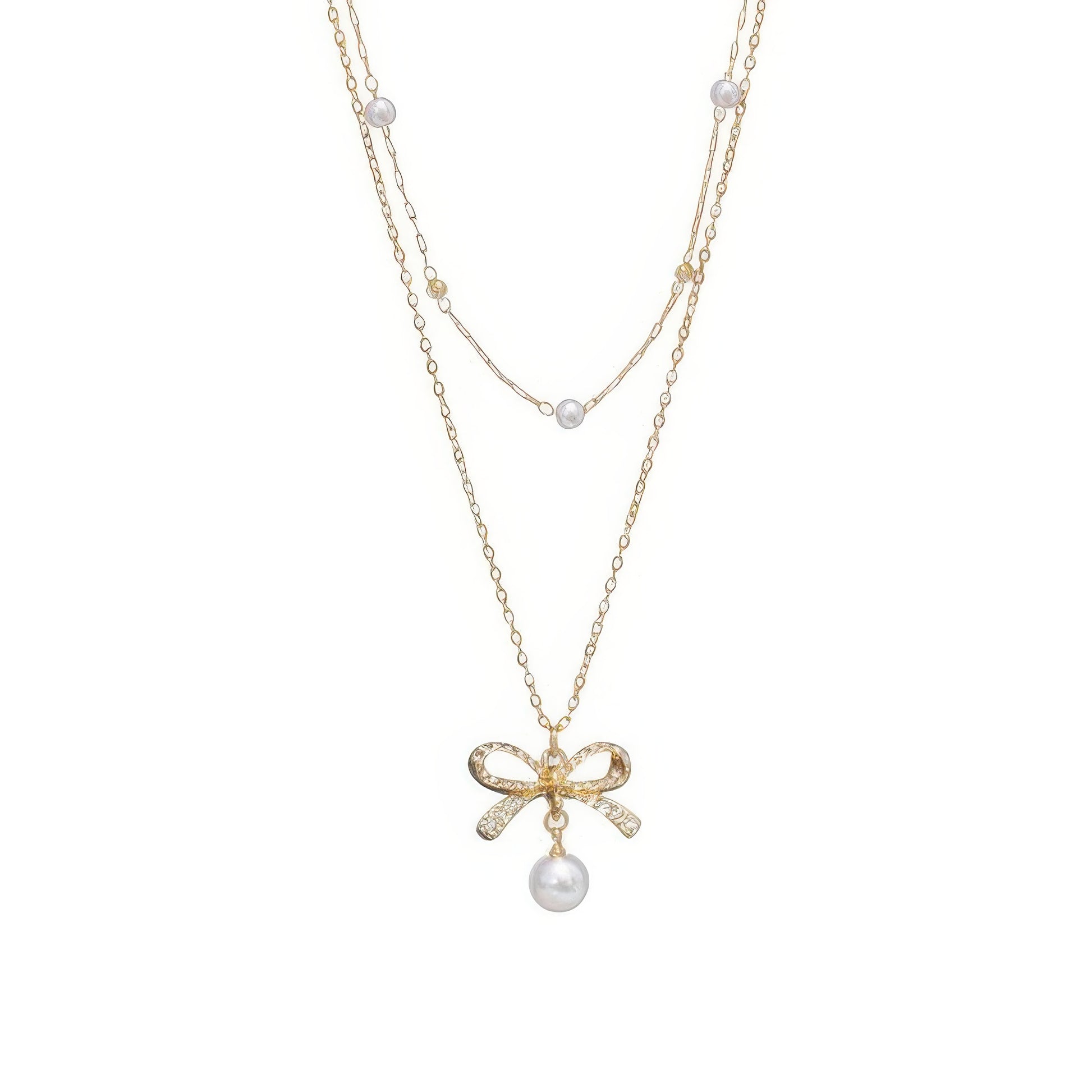 Dual-strand Jewled Bow Pendant Necklace