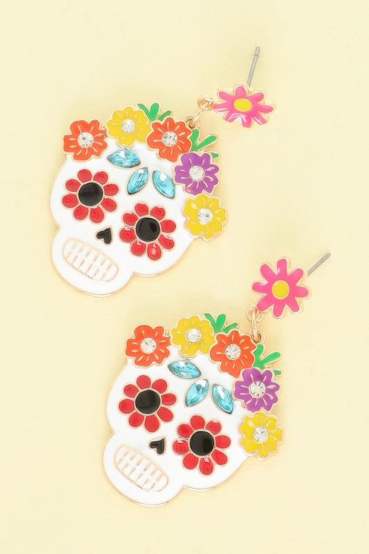 Floral Jeweled Enamel Sugar Skull Earrings