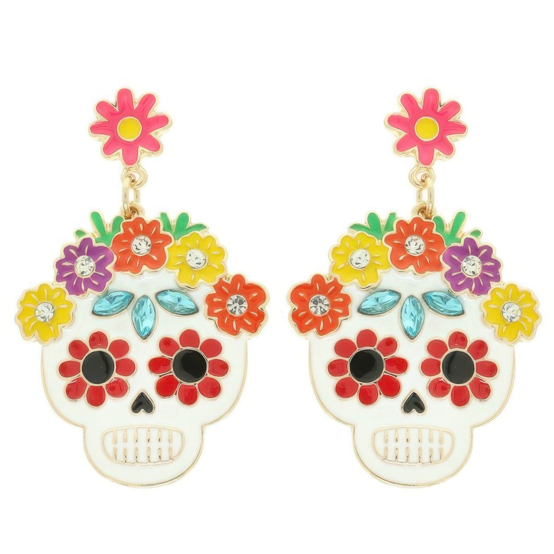 Floral Jeweled Enamel Sugar Skull Earrings