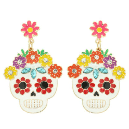 Floral Jeweled Enamel Sugar Skull Earrings