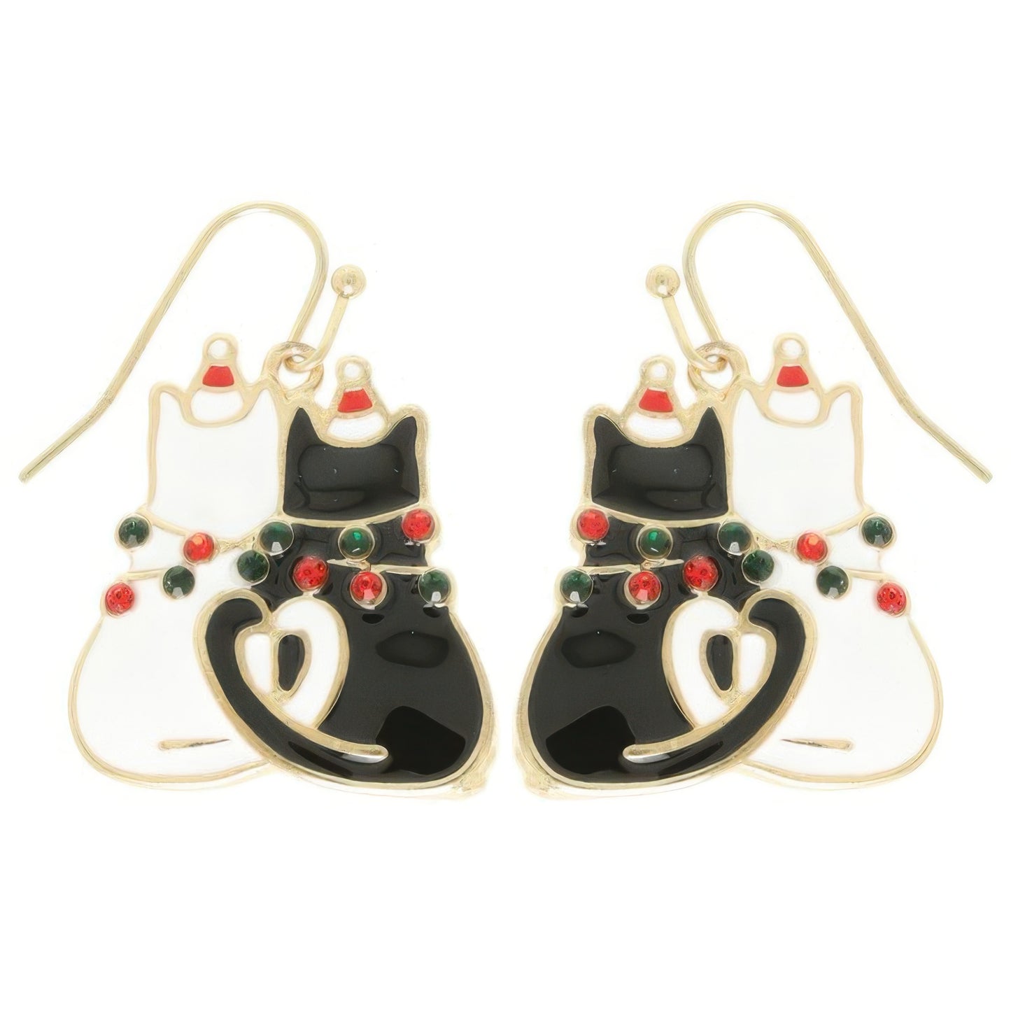 Christmas Enamel Cat Pair Dangle Earrings