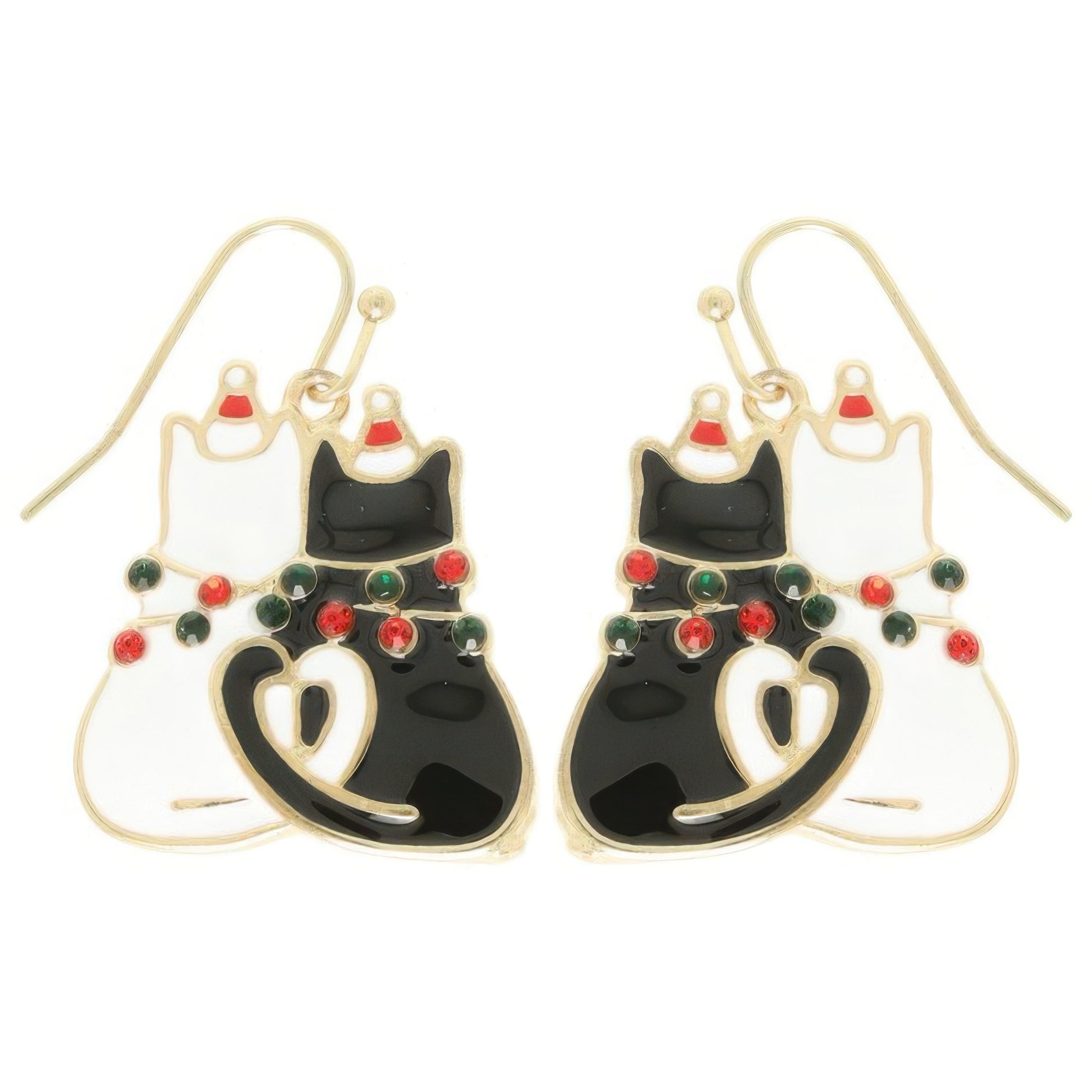 Christmas Enamel Cat Pair Dangle Earrings