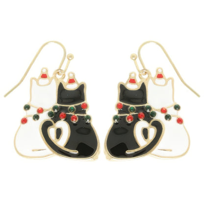 Christmas Enamel Cat Pair Dangle Earrings