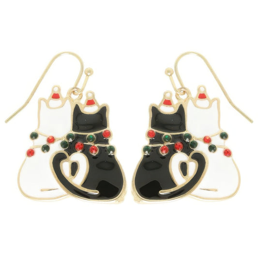Christmas Enamel Cat Pair Dangle Earrings