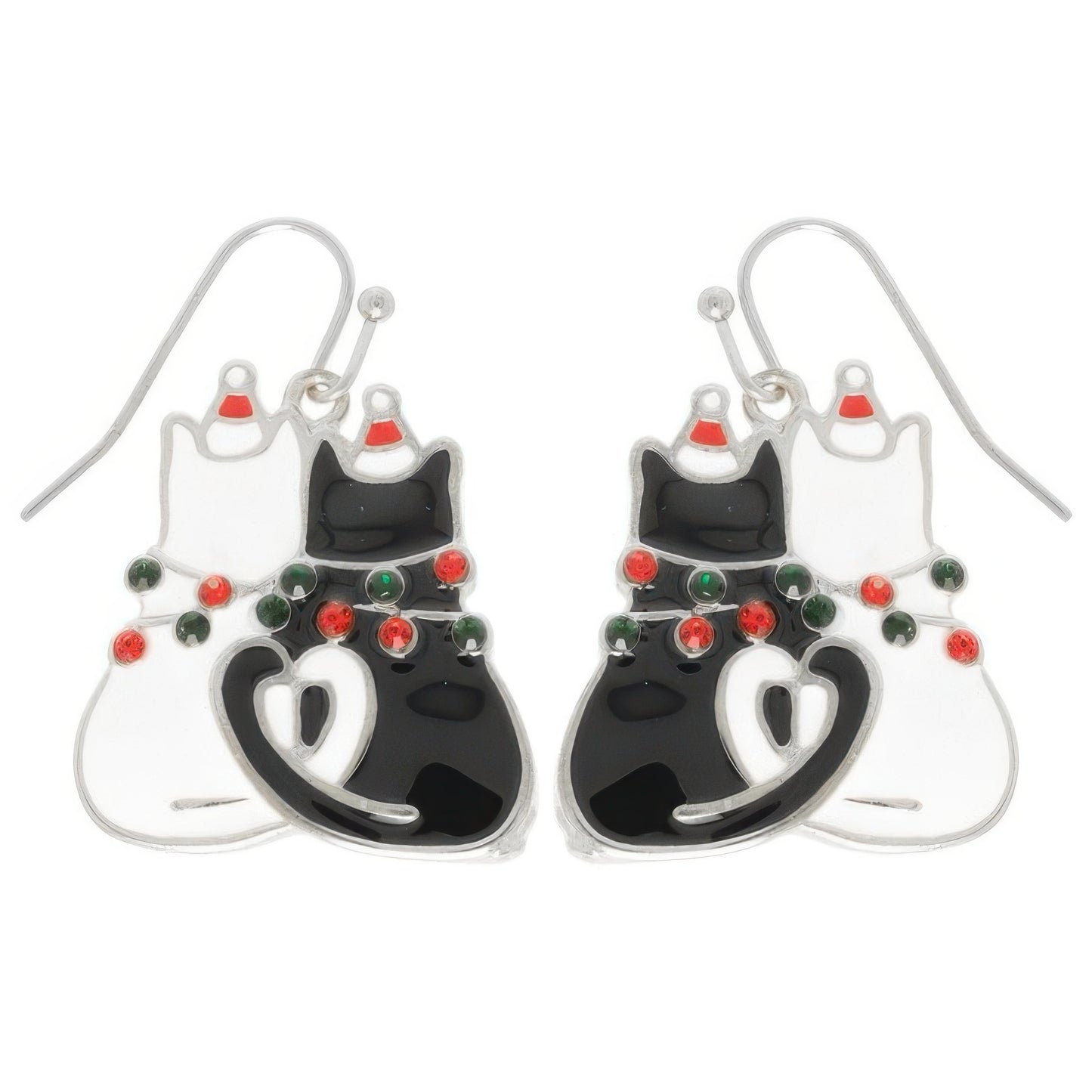 Christmas Enamel Cat Pair Dangle Earrings