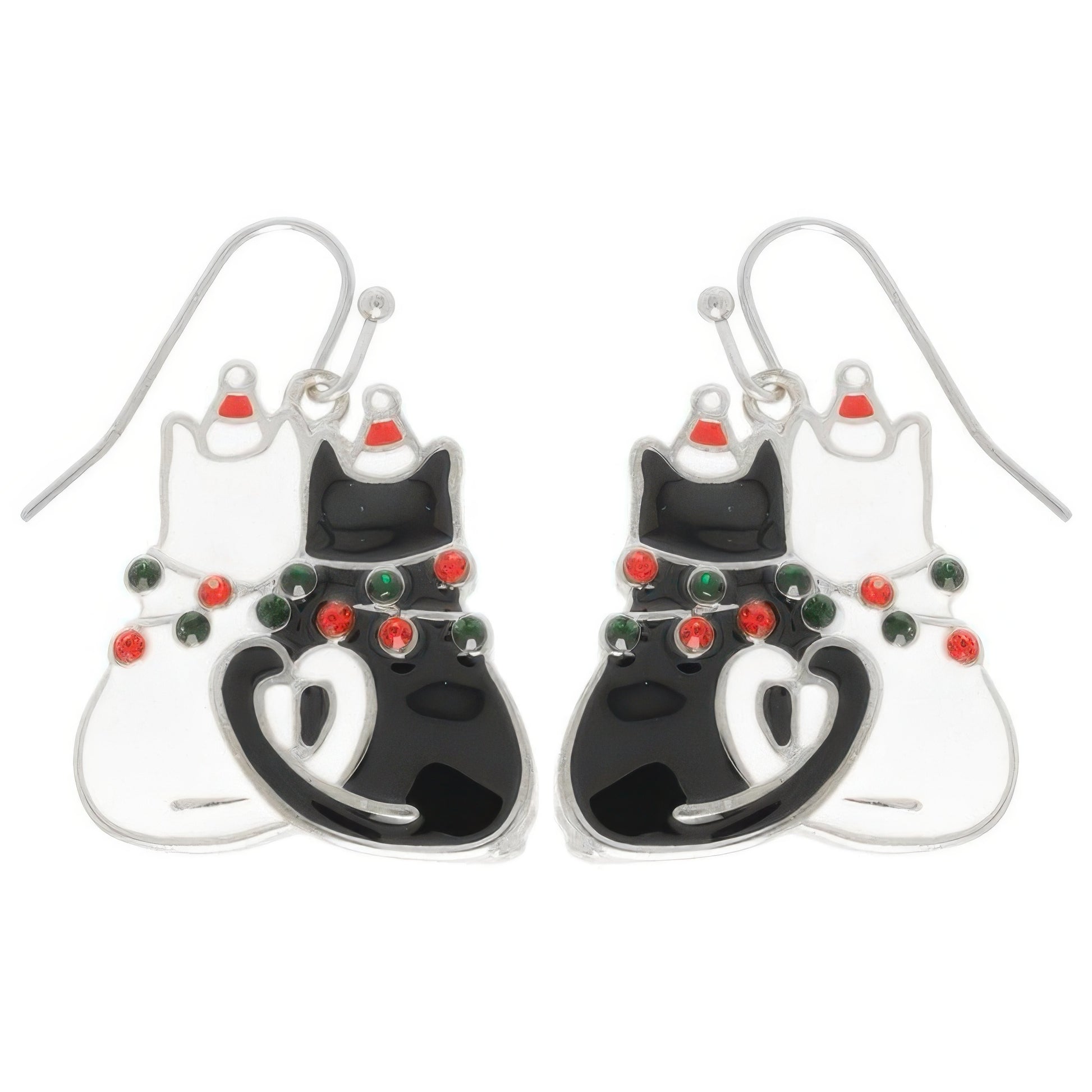 Christmas Enamel Cat Pair Dangle Earrings