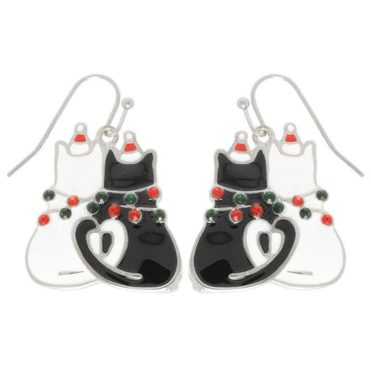 Christmas Enamel Cat Pair Dangle Earrings