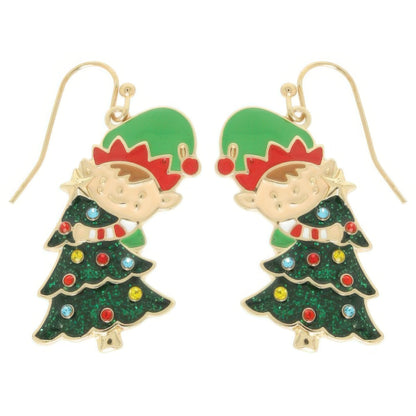 Christmas Tree With Elf Enamel Earrings