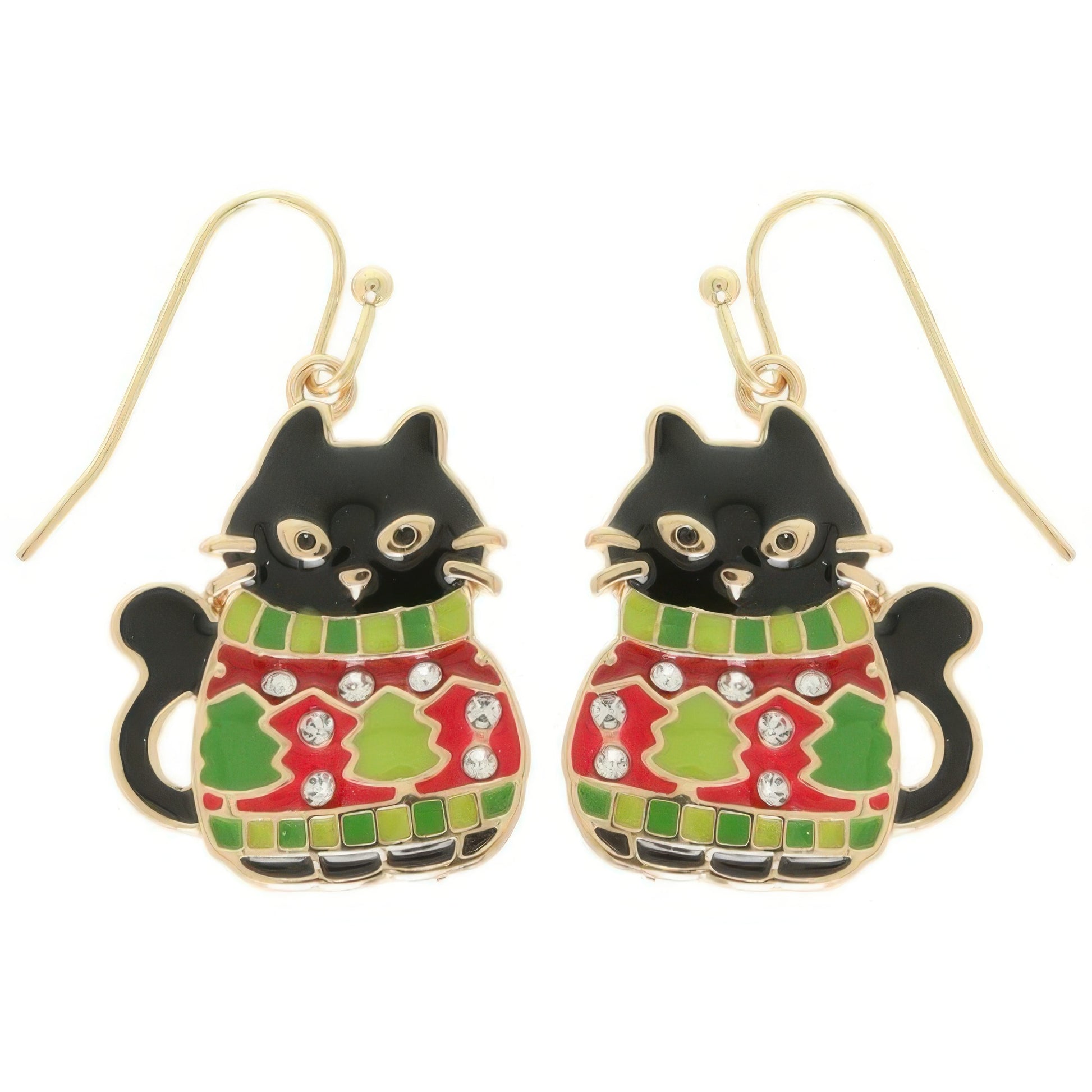 Christmas Enamel Cat In Ugly Sweater Earrings