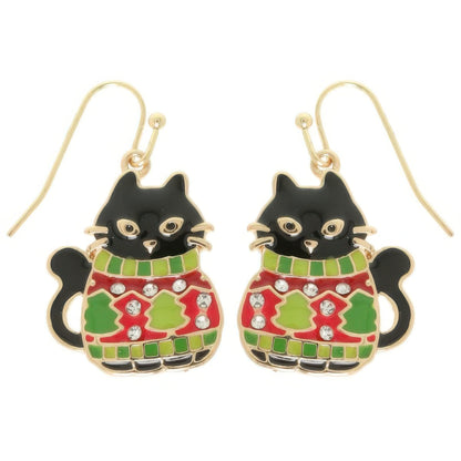 Christmas Enamel Cat In Ugly Sweater Earrings