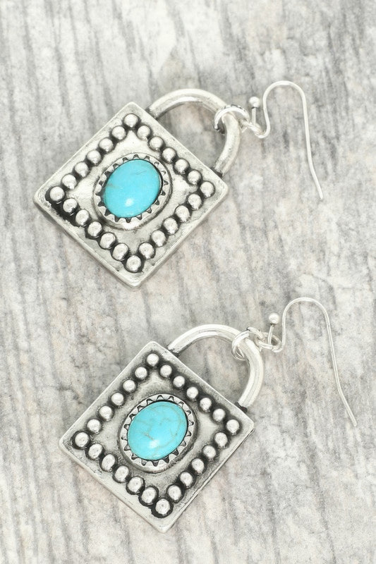 Western Turquoise Square Locket Earrings