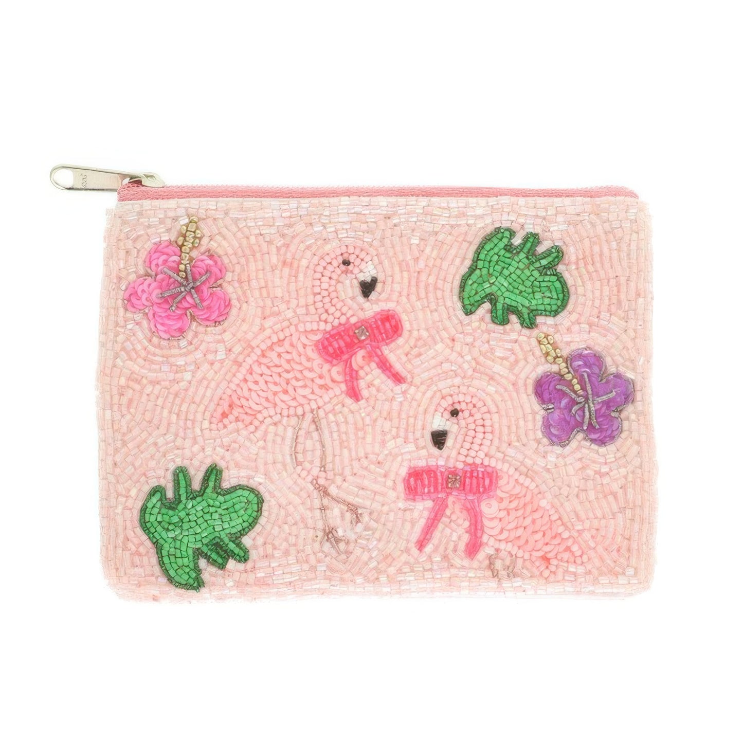 Pink Flamingo Theme Bead Embroidered Coin Bag