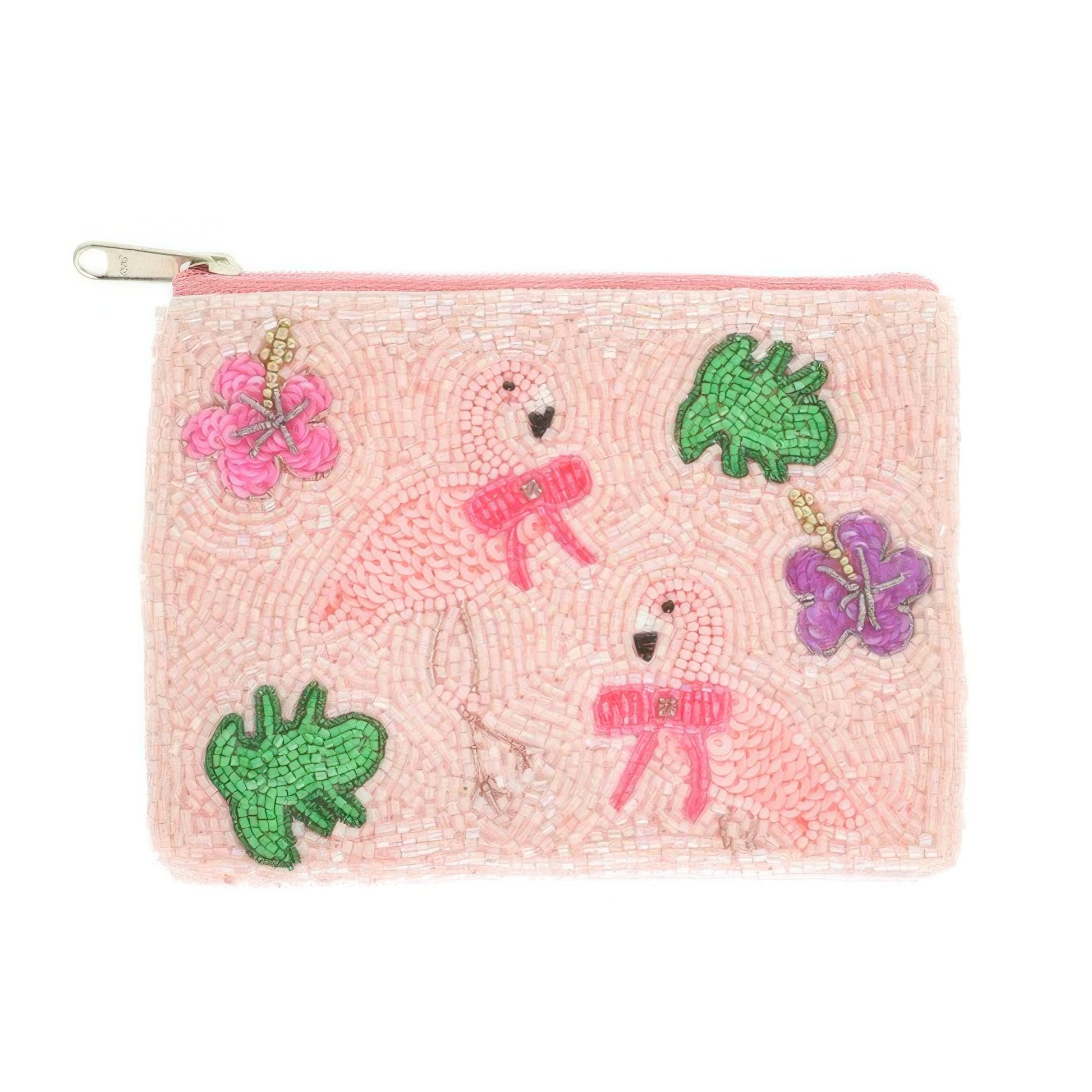 Pink Flamingo Theme Bead Embroidered Coin Bag
