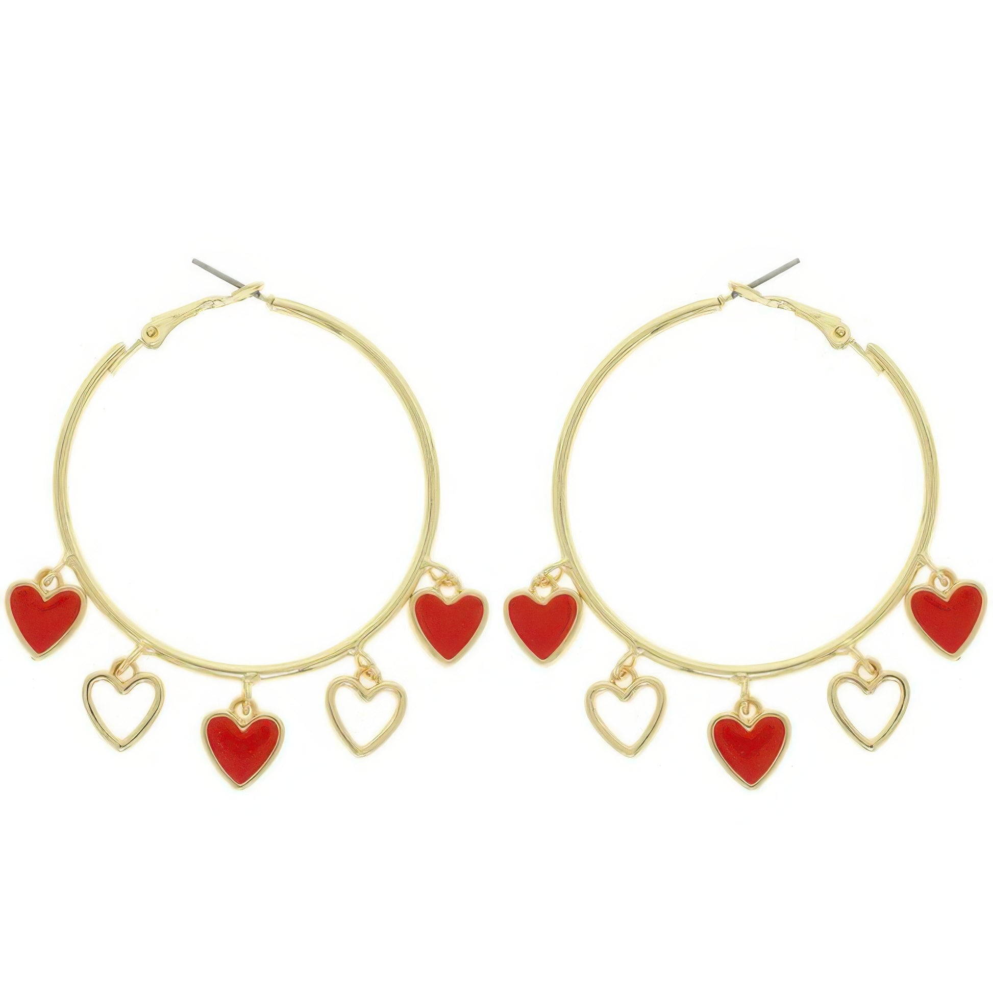 Red Acetate Resin Heart Charm Hoop Earrings