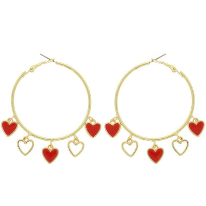 Red Acetate Resin Heart Charm Hoop Earrings