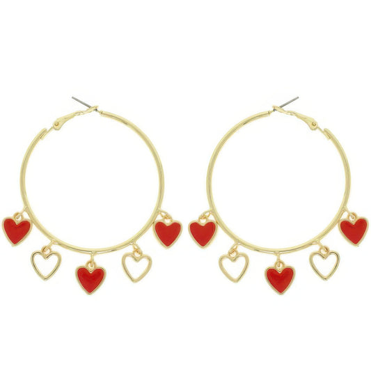 Red Acetate Resin Heart Charm Hoop Earrings