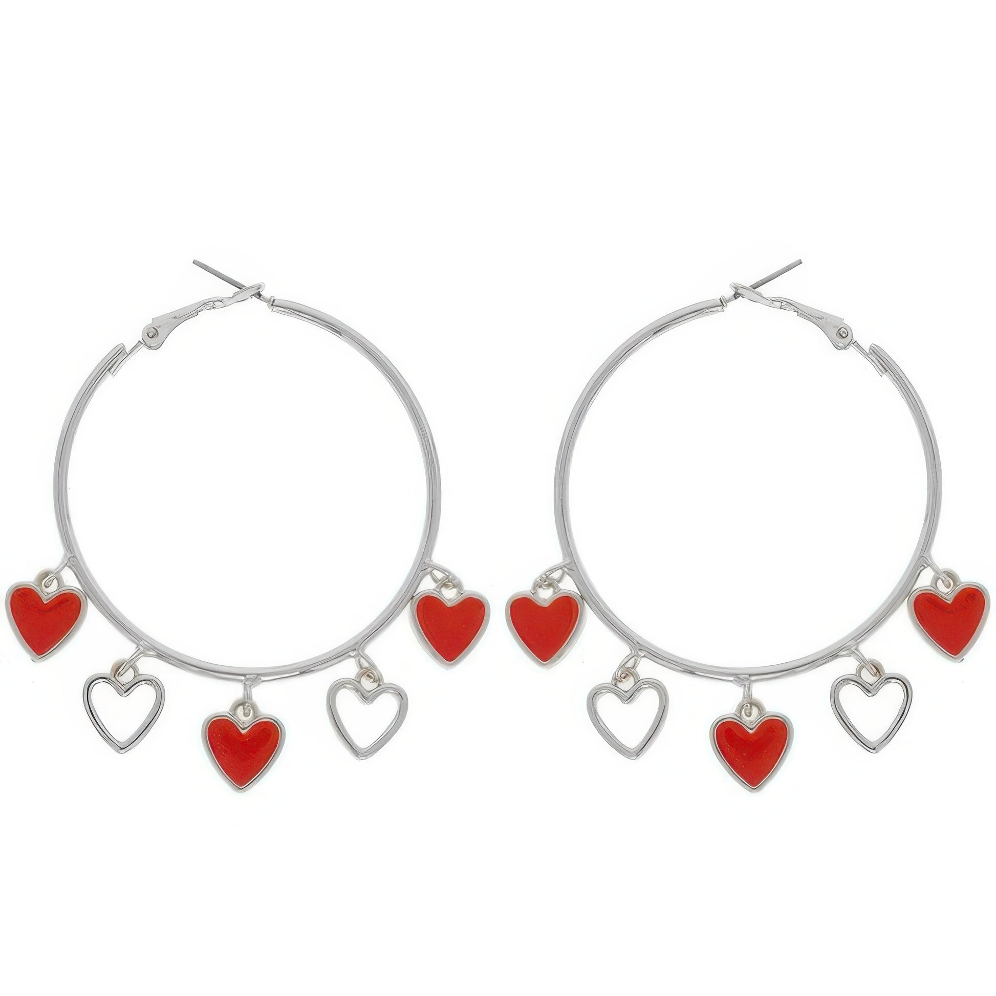 Red Acetate Resin Heart Charm Hoop Earrings