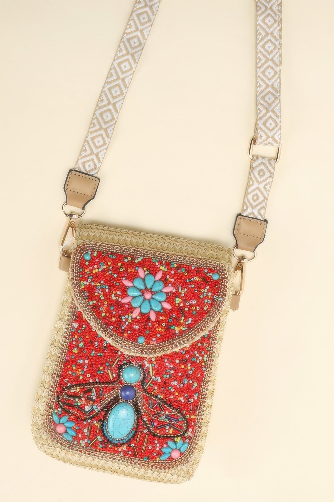 Turquoise Seed Bead Bee Crossbody Bag