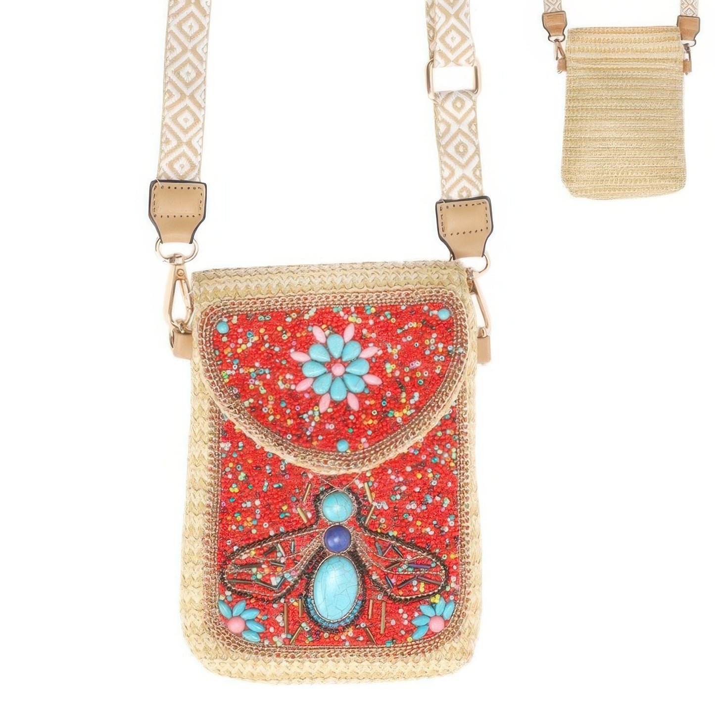 Turquoise Seed Bead Bee Crossbody Bag