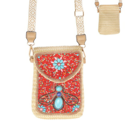 Turquoise Seed Bead Bee Crossbody Bag
