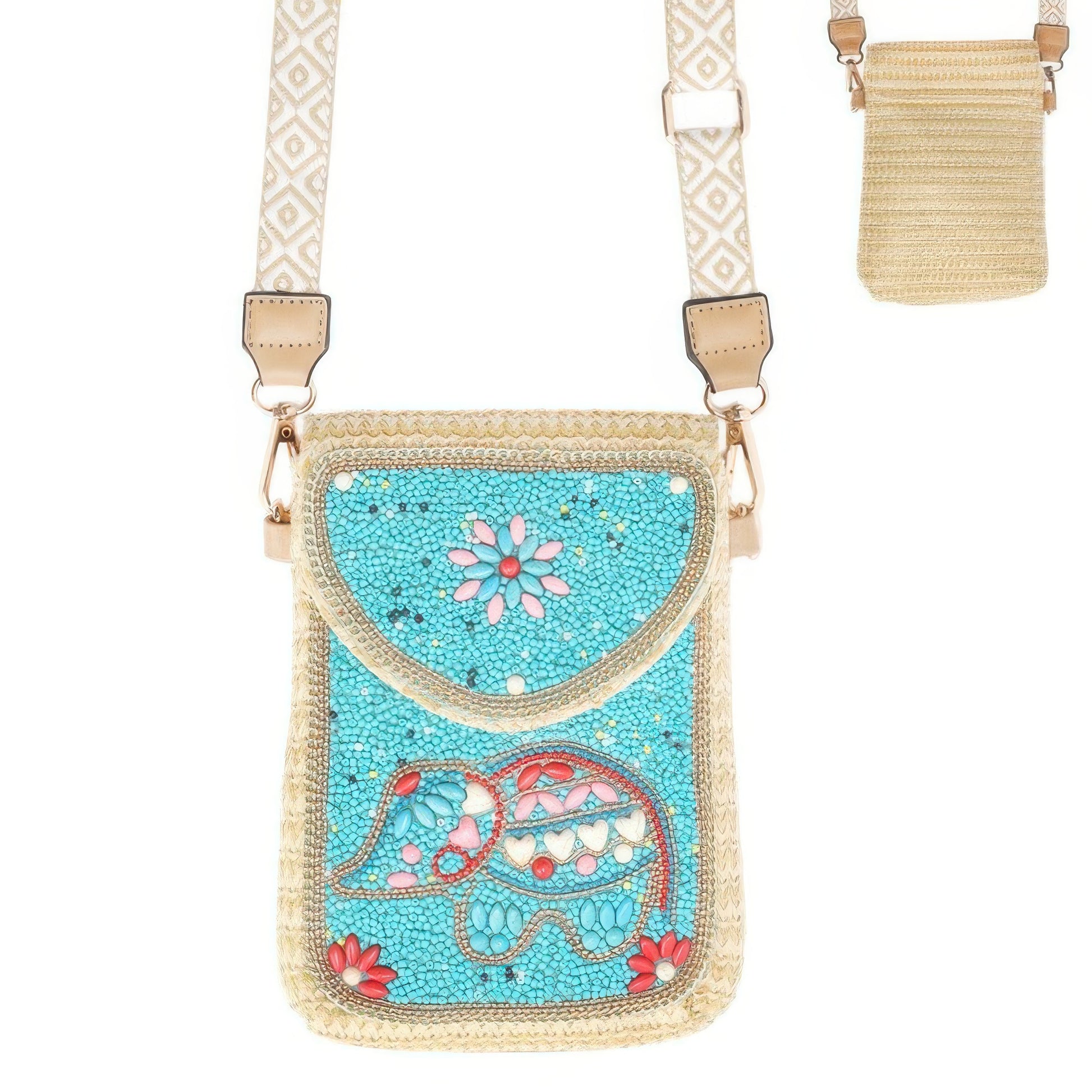 Turquoise Seed Bead Elephant Crossbody Bag