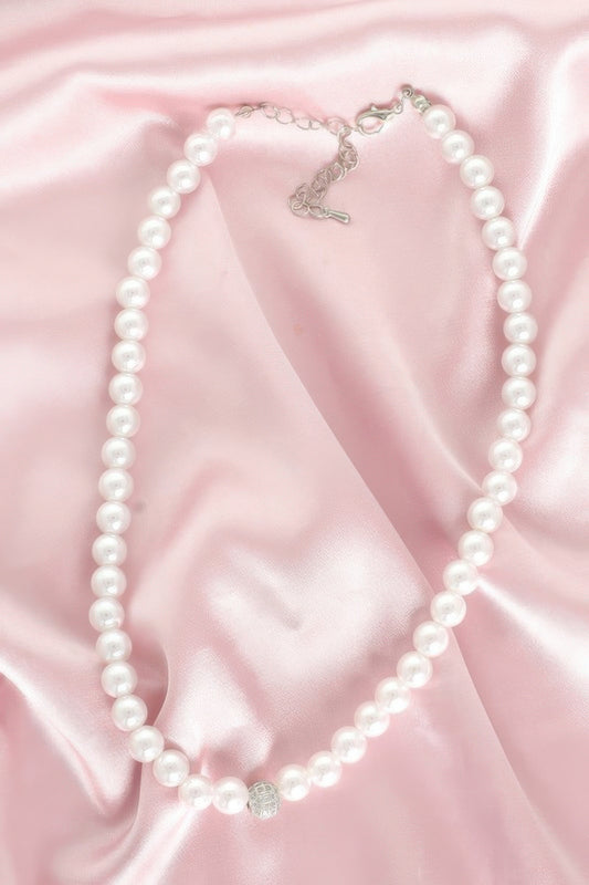 White Pearl Cubic Zirconia Pave Sphere Necklace
