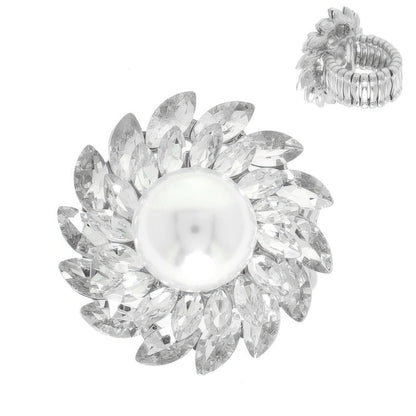 Crystal And Pearl Flower Stretch Ring