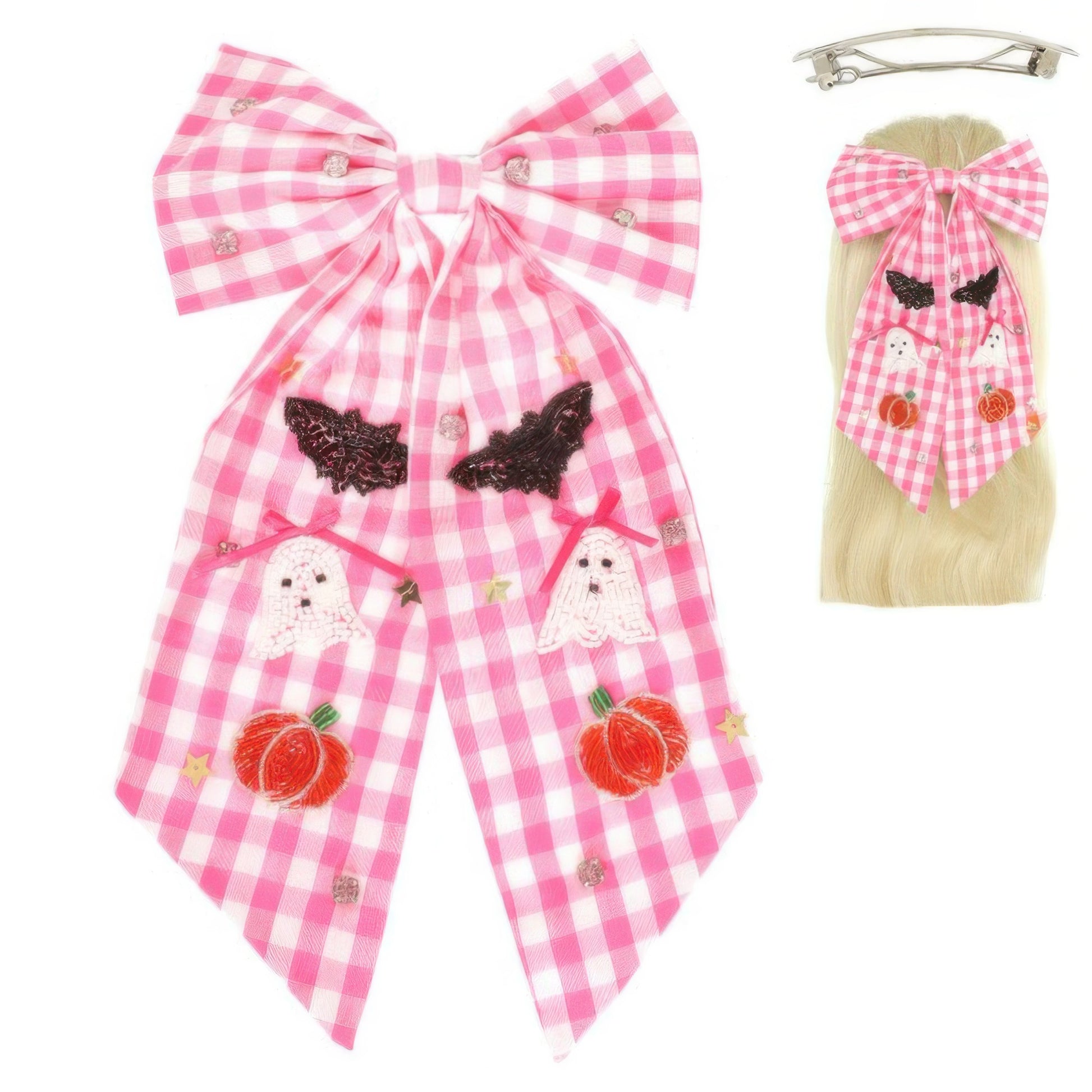 Halloween Gingham Theme Bow Ribbon Barrette Clip