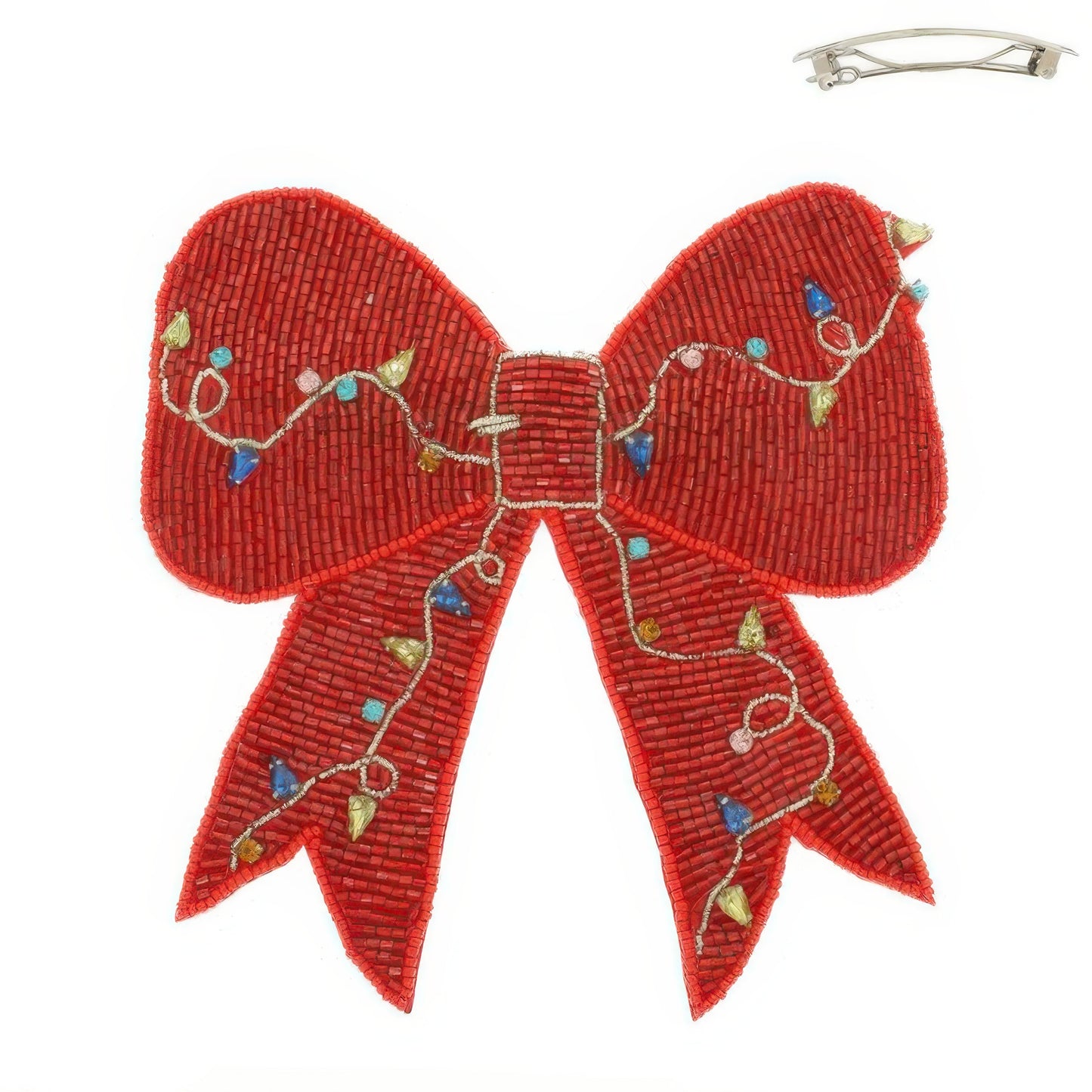 Christmas Lights Bow Beaded Barrette Hair Clip