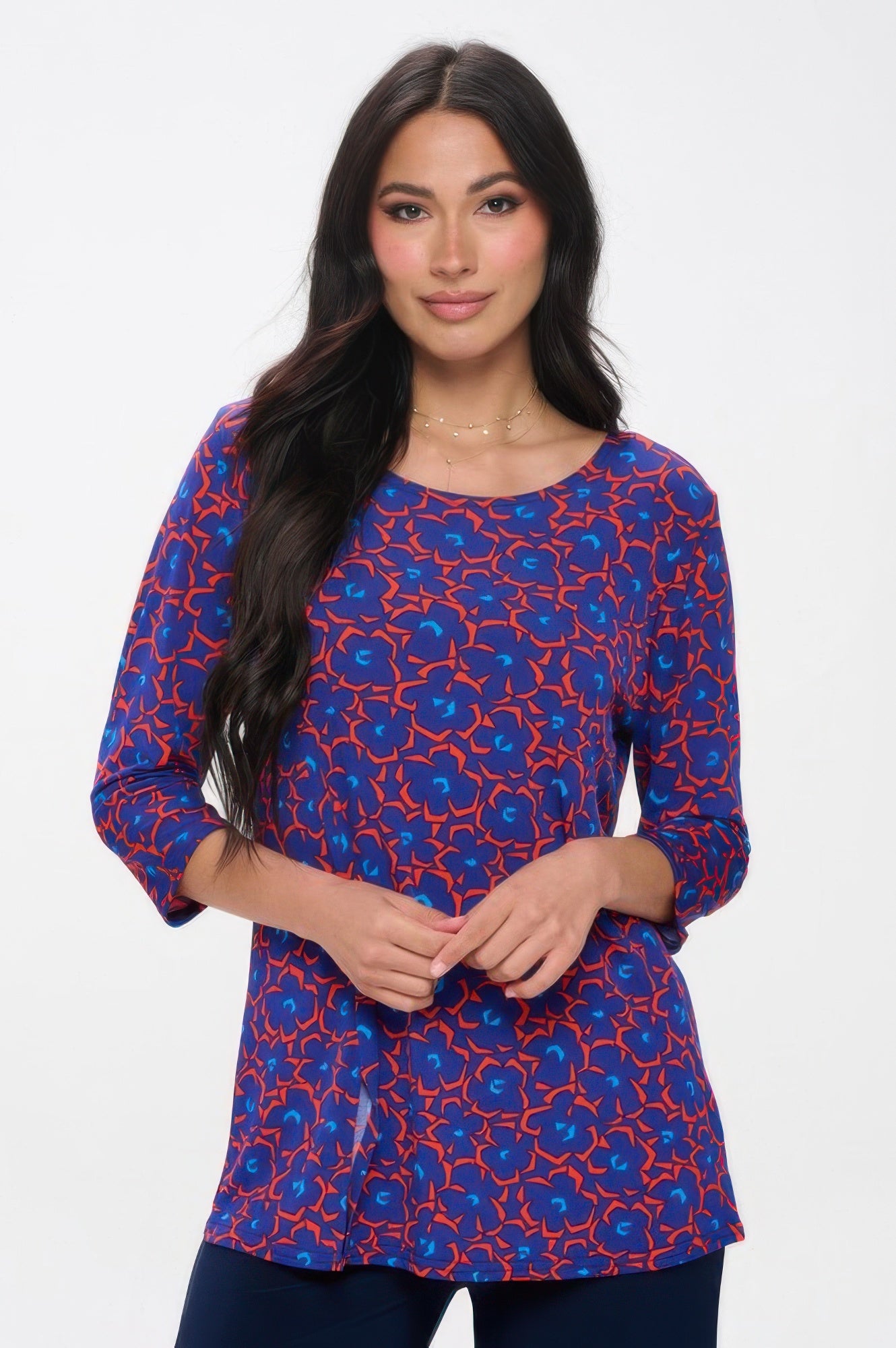 Plus Size Round Neck 3/4 Sleeve Slit Top