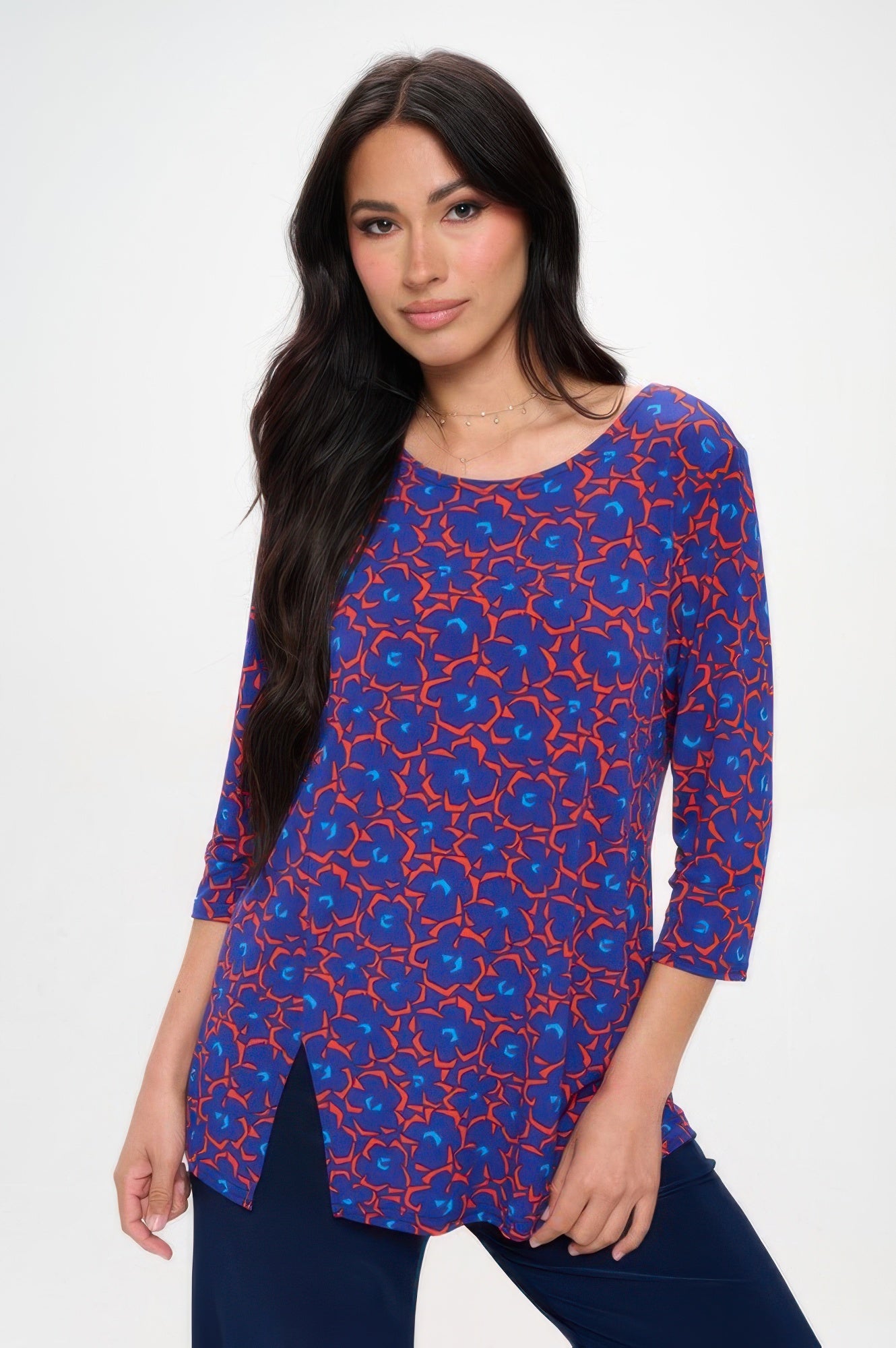 Plus Size Round Neck 3/4 Sleeve Slit Top