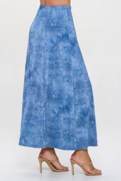 Elastic Waistband Denim Print Long Flared Skirt