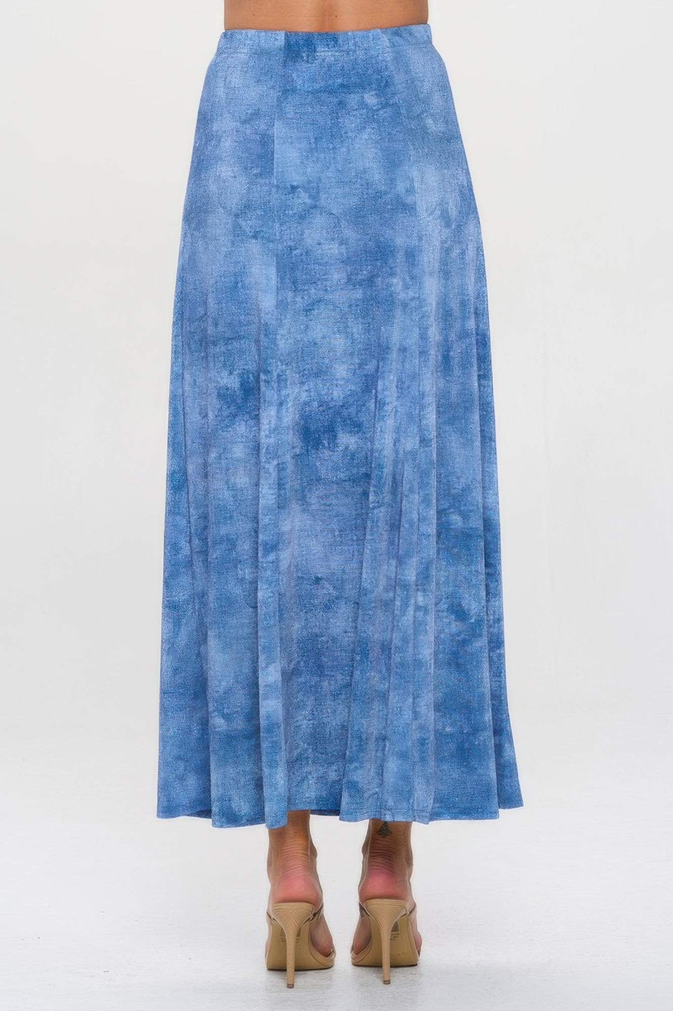 Elastic Waistband Denim Print Long Flared Skirt
