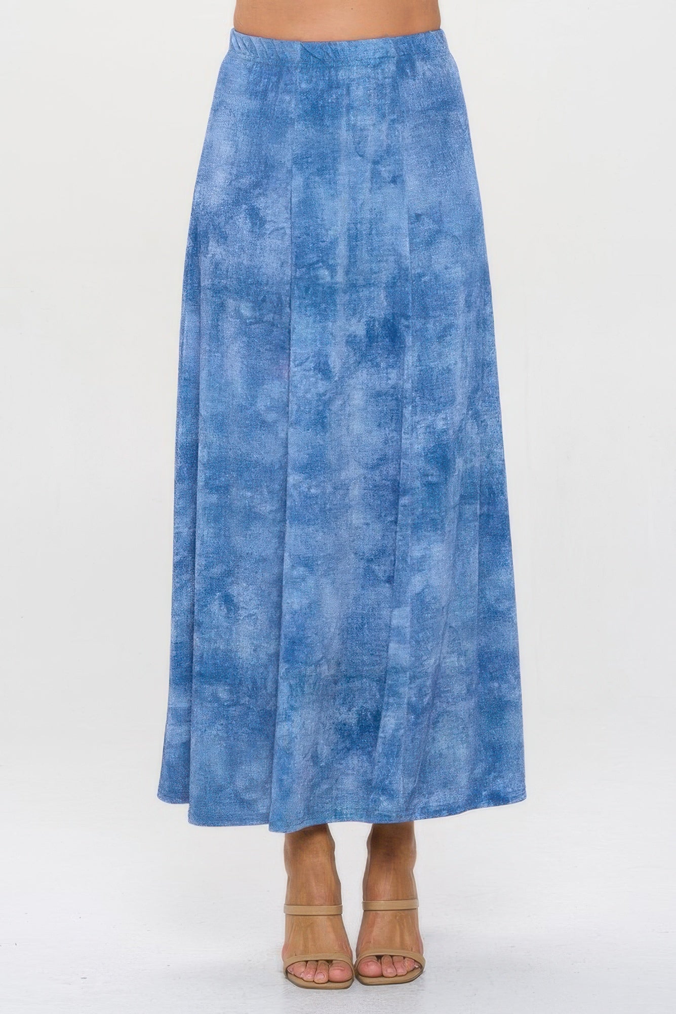 Elastic Waistband Denim Print Long Flared Skirt