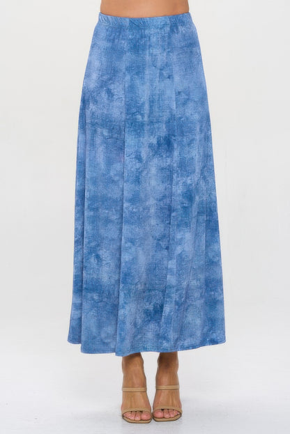 Elastic Waistband Denim Print Long Flared Skirt