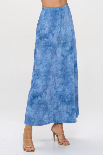 Elastic Waistband Denim Print Long Flared Skirt