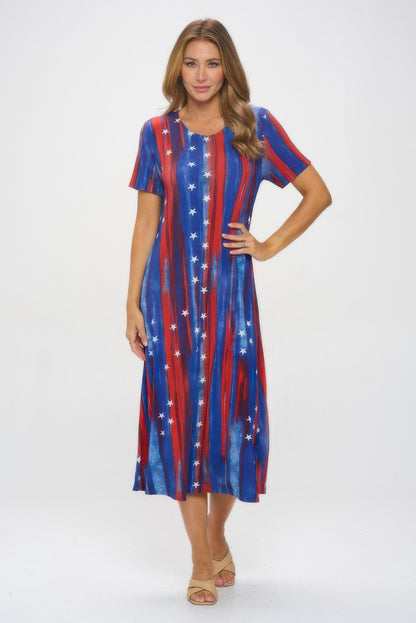 American Flag Print Short Sleeve Long Dress