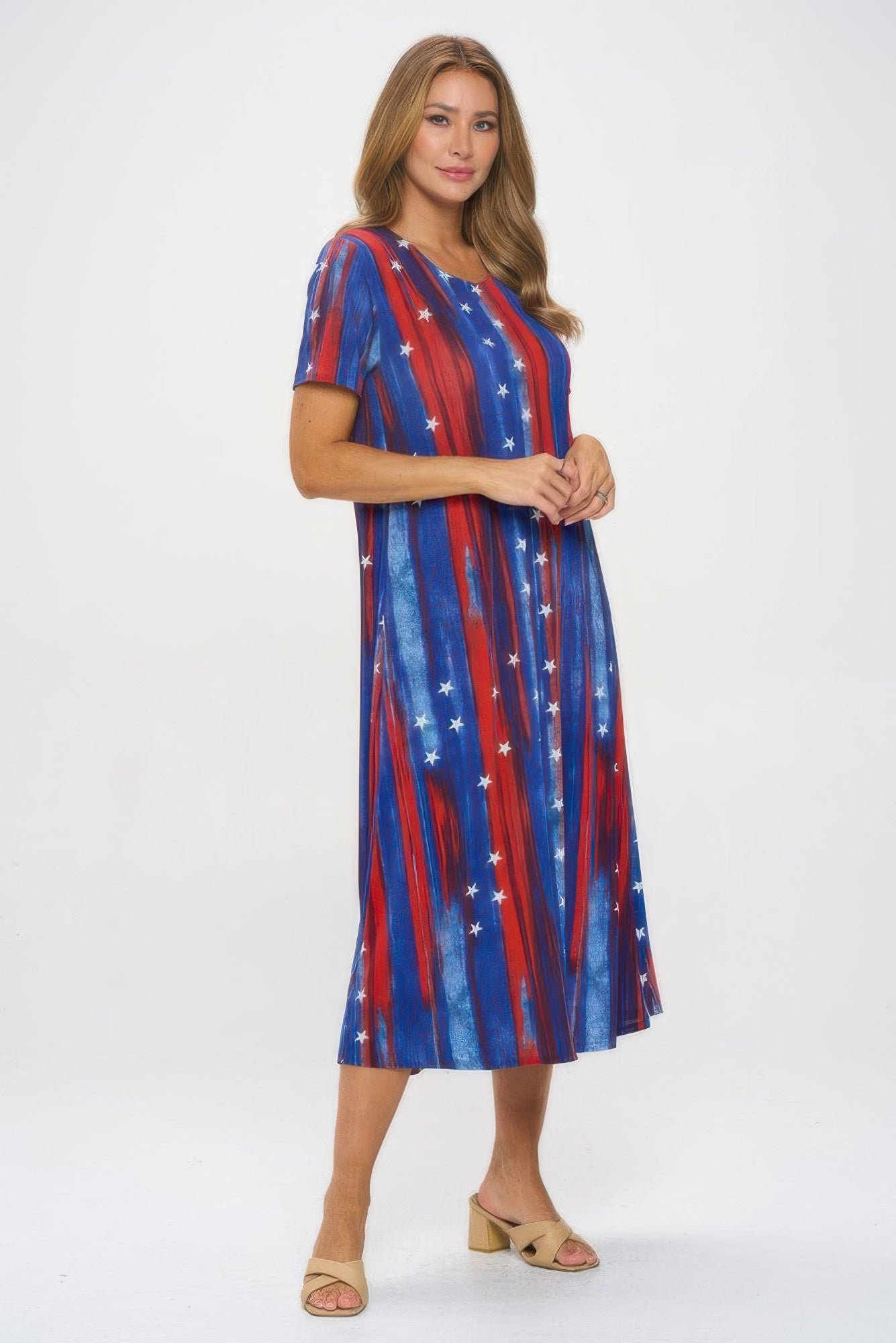 American Flag Print Short Sleeve Long Dress