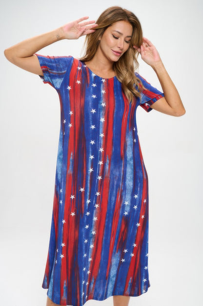 American Flag Print Short Sleeve Long Dress