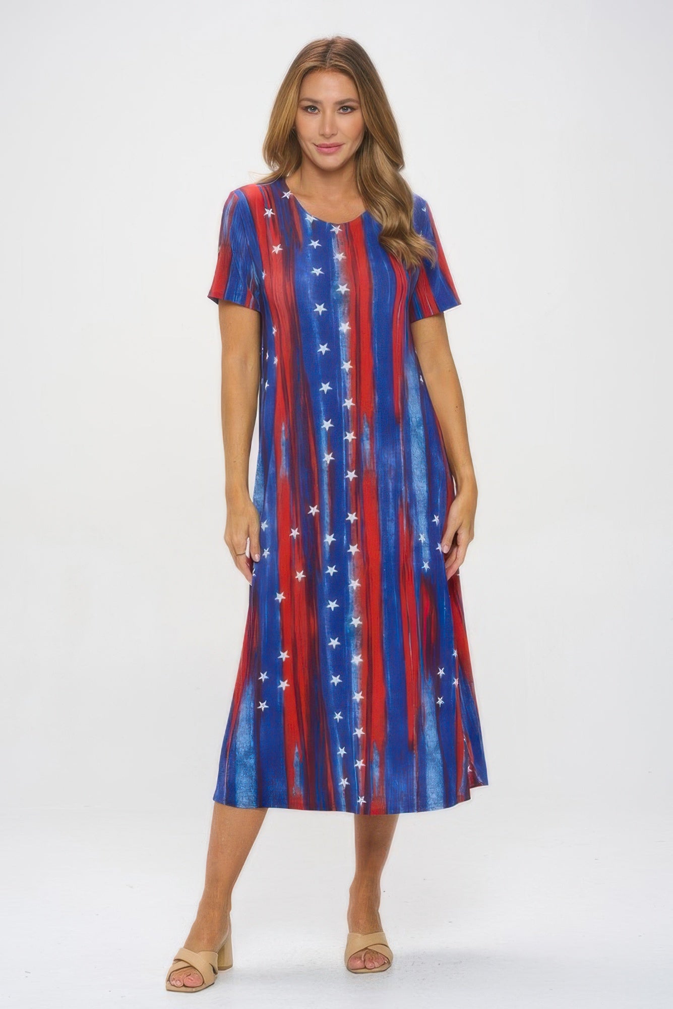 American Flag Print Short Sleeve Long Dress