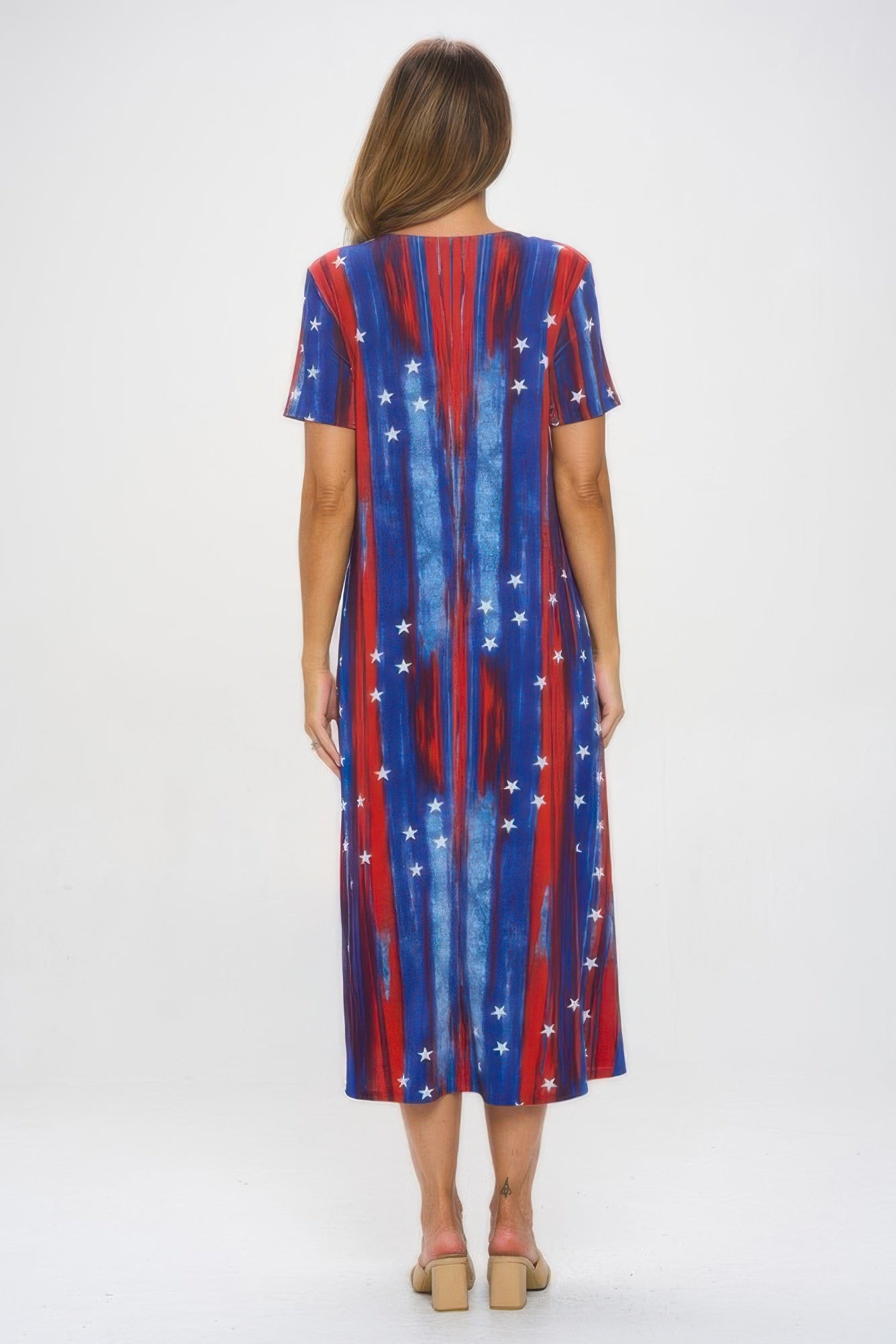 American Flag Print Short Sleeve Long Dress