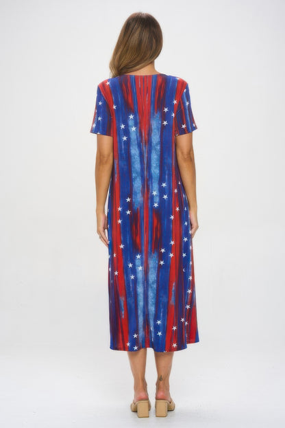 American Flag Print Short Sleeve Long Dress