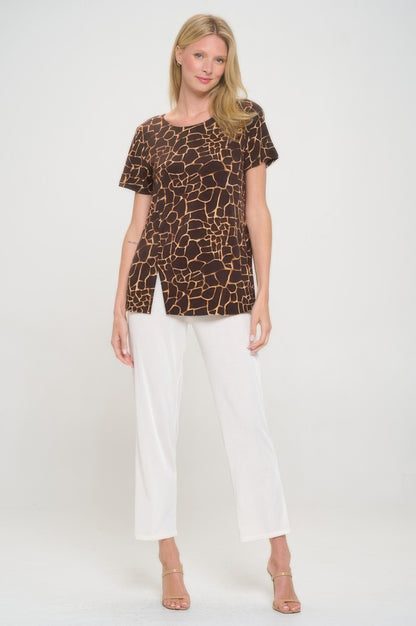 Hit Round Neck Short Sleeve Slit Top
