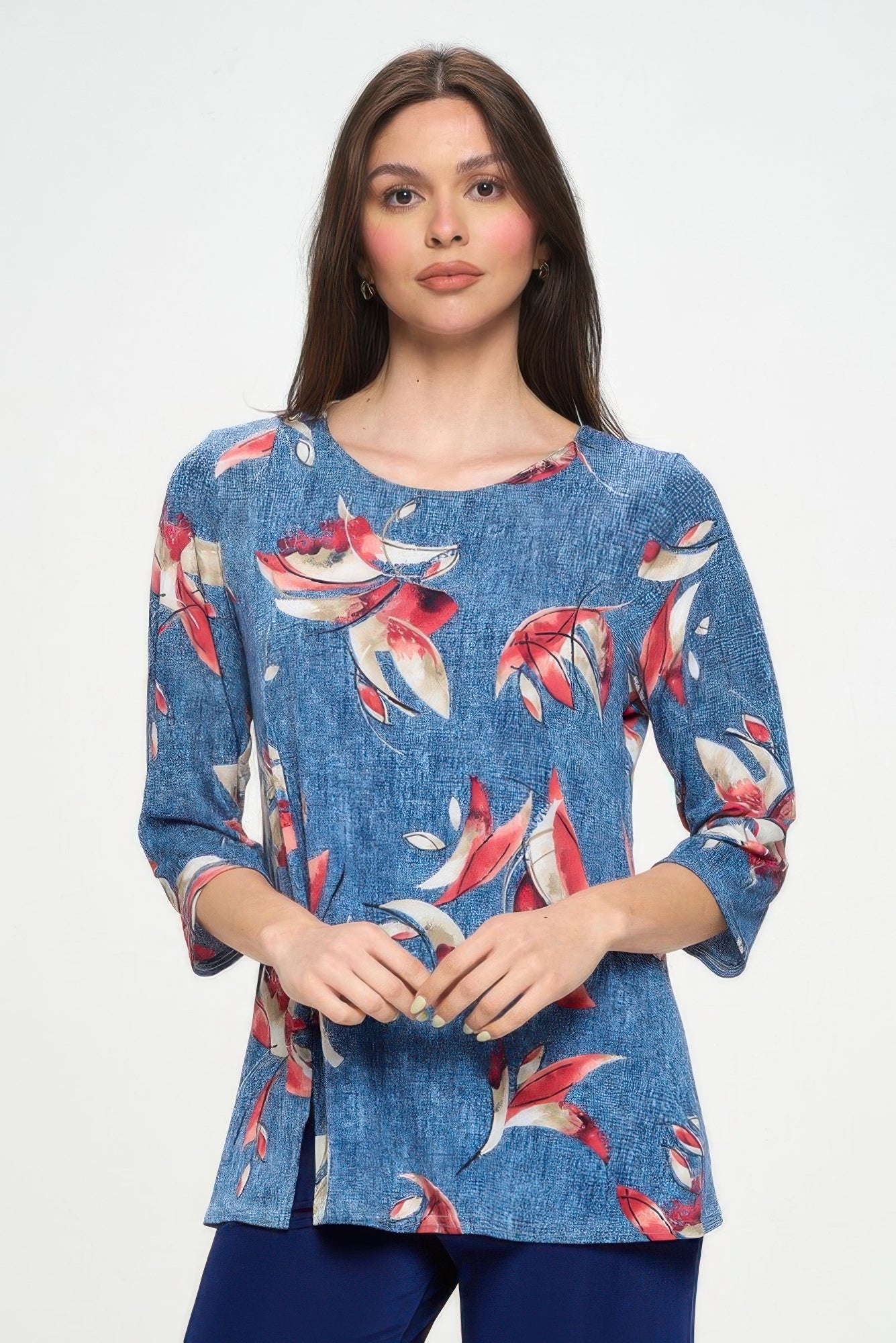 Hit Round Neck 3/4 Sleeve Slit Top