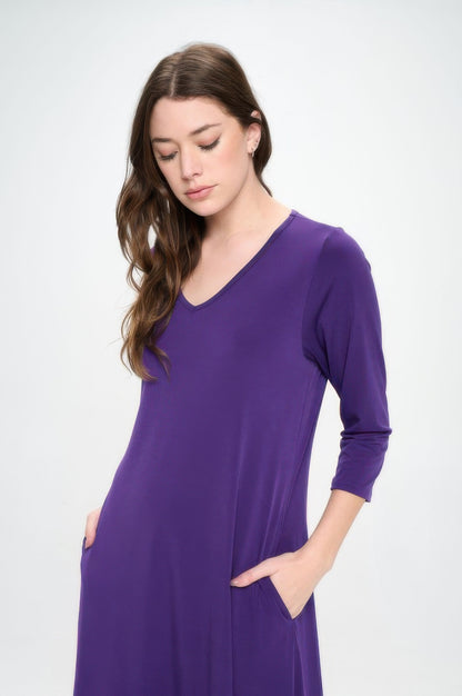 Hit V-neck Long Dress W/pocket