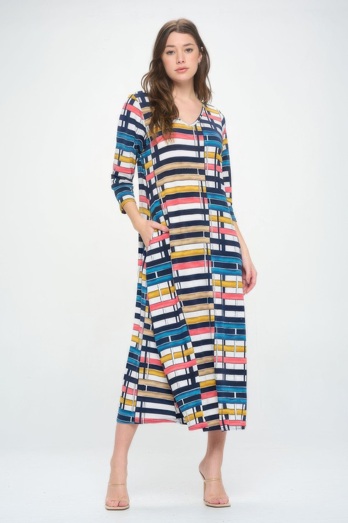 Hit V-neck Long Dress W/pocket