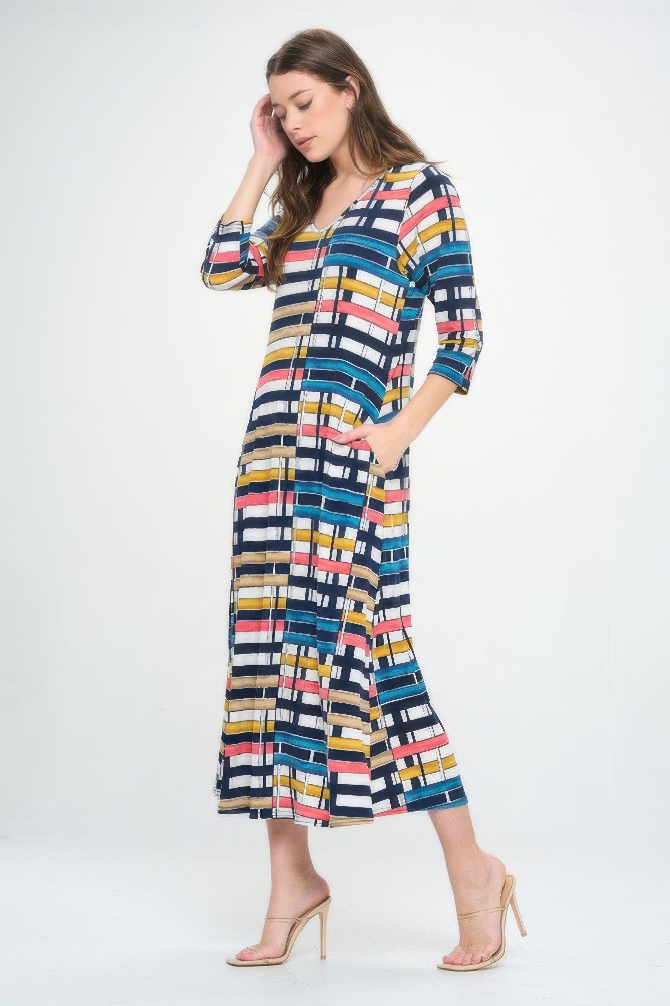 Hit V-neck Long Dress W/pocket