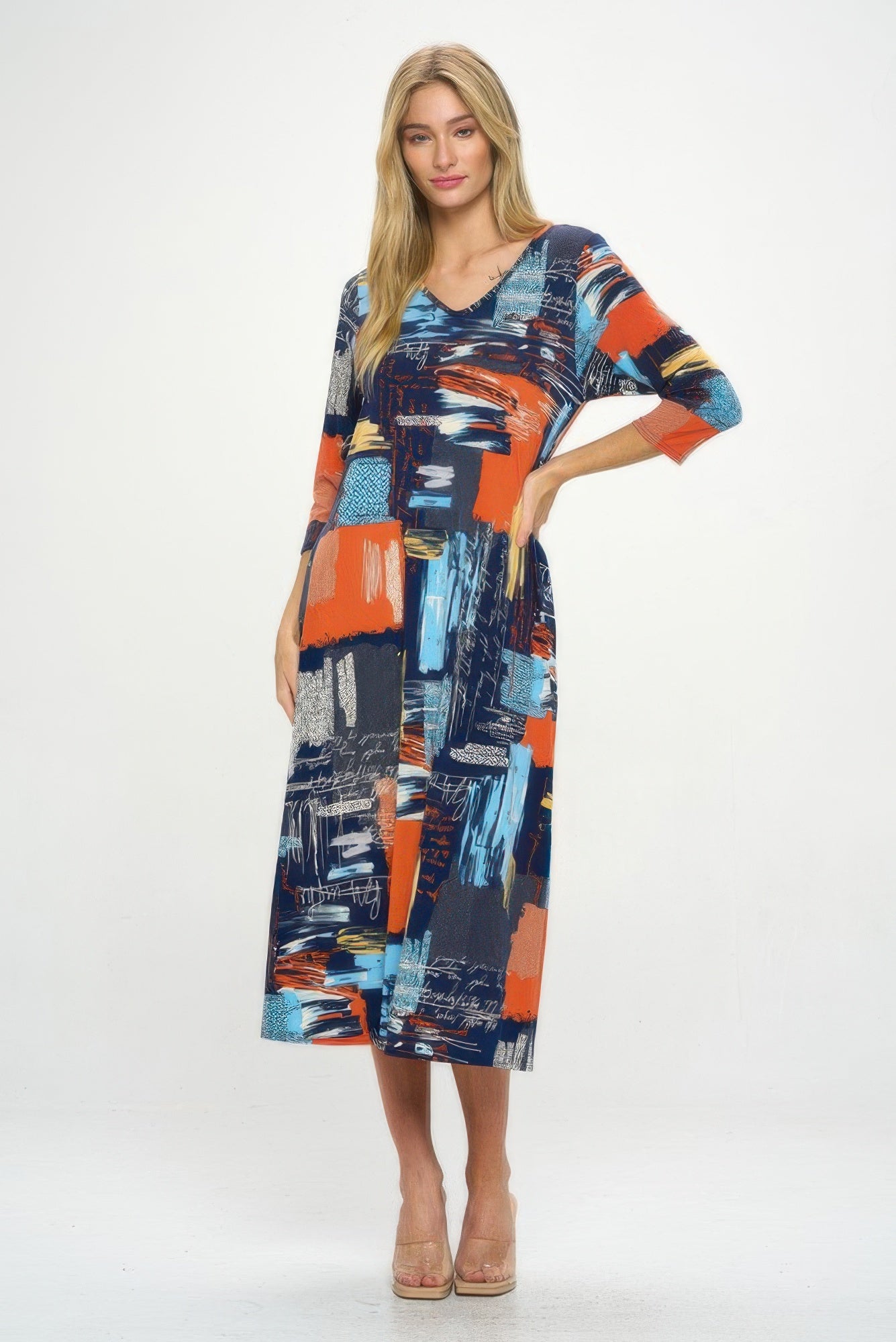 Hit V-neck Long Dress W/pocket