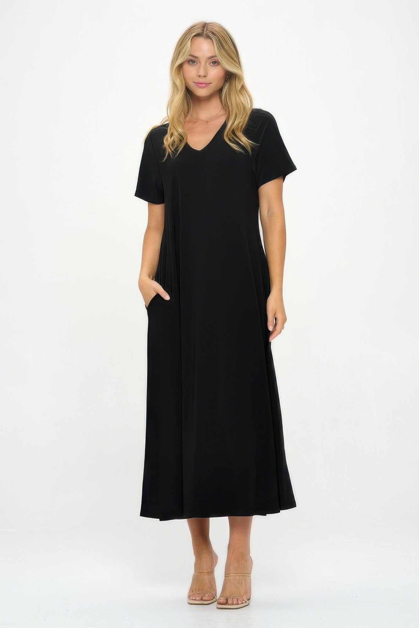 Hit V-neck Long Dress W/pocket