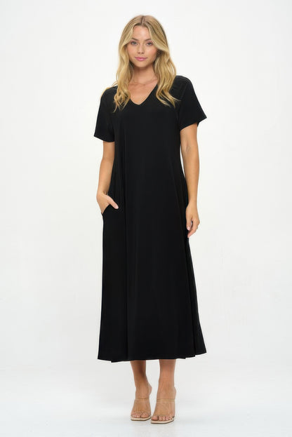 Hit V-neck Long Dress W/pocket